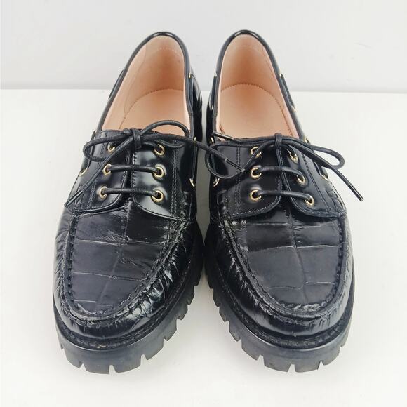 J.Crew SZ 8.5 Winola Lug Sole Boat Shoes In Croc Embossed Leather Runs Small - Picture 6 of 8